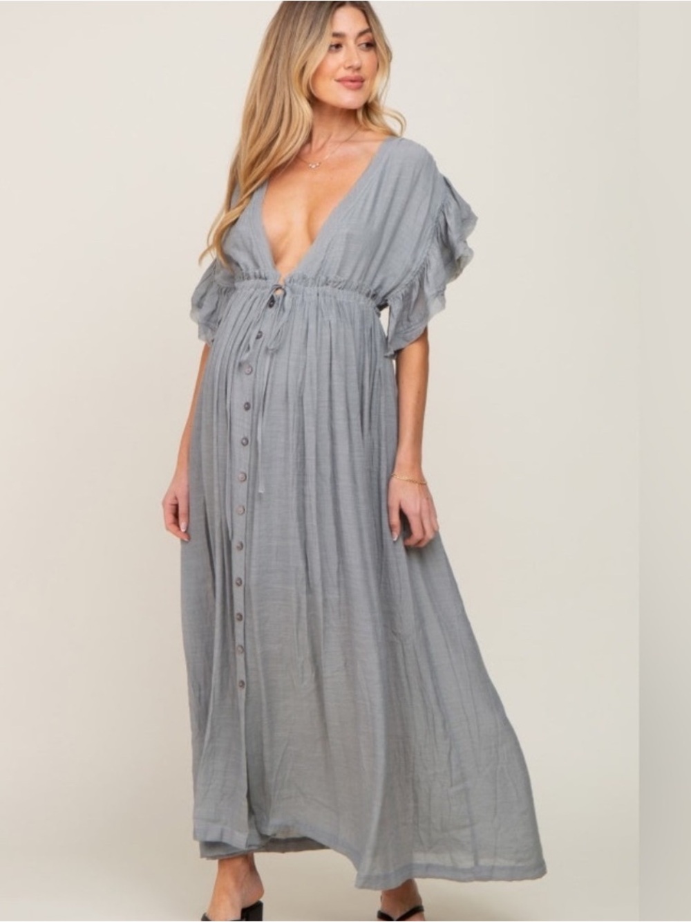 Sweet Lovely Boho Maxi Dress L | Flowy Button Front Ruffle Sleeve Cottagecore
